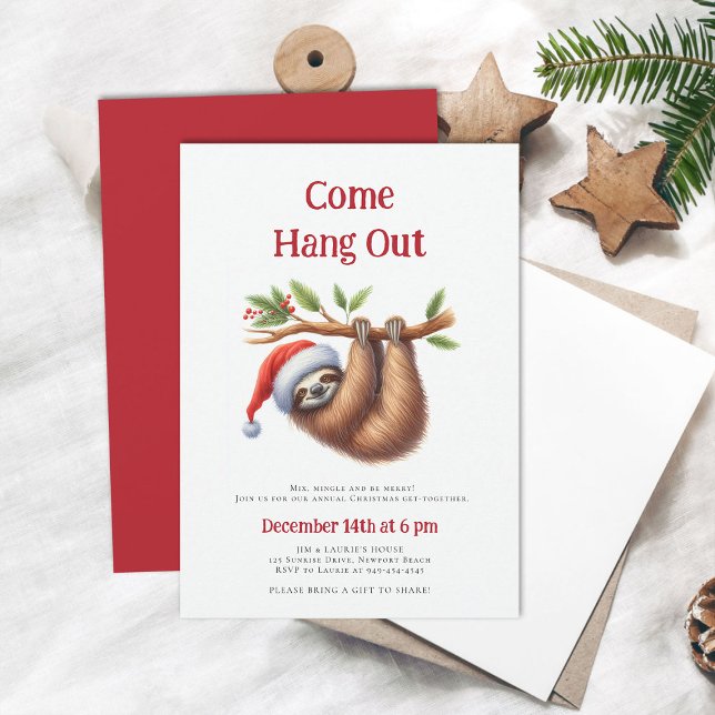 Kom Häng ut Sloth Gren Funny jul Party Inbjudningar (come hang out funny sloth christmas party invitation family winter holiday cute minimalist modern)