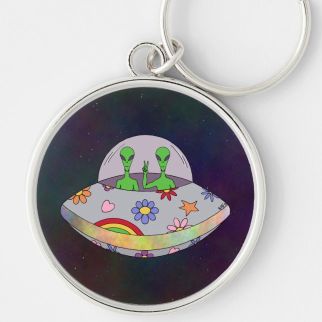 Kom i Peace UFO Rund Silverfärgad Nyckelring (Framsidan)