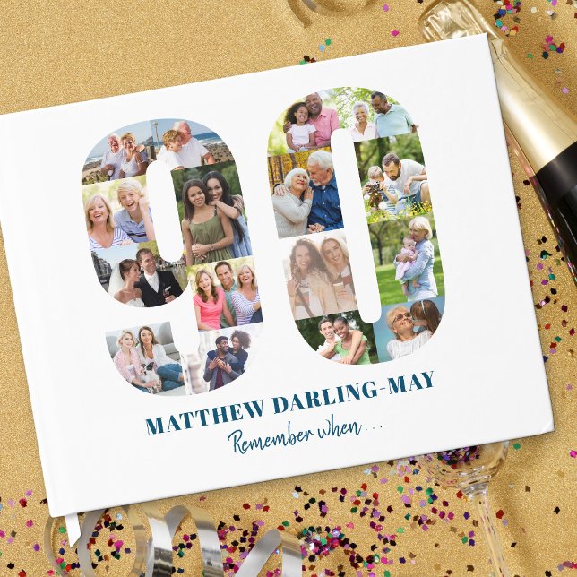 Kom ihåg 90:e födelsedag när nummerfotokollage gästböcker (90th birthday guest book with photo collage in number 90 shape)