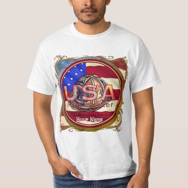 Kom ihåg brandmän i brandgator i Firefighter Falle T Shirt (Framsida)