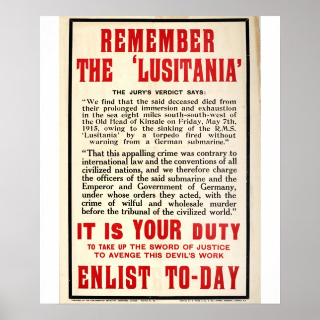 Kom ihåg "Lusitania"_Propaganda-Poster Poster (Framsidan)