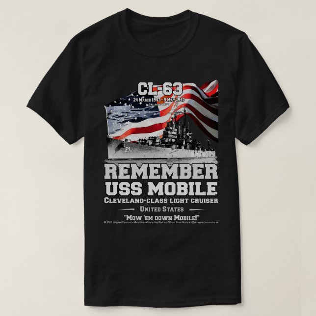 Kom ihåg USS Mobile CL63-kryssare för marinbåtsvet T Shirt (Design framsida)