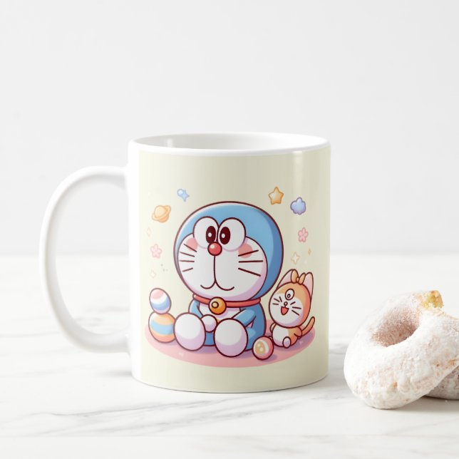 Kom Kom Katt Och Doraemon Kaffemugg (Med munk)
