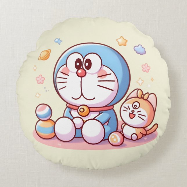 Kom Kom Katt Och Doraemon Rund Kudde (Framsidan)