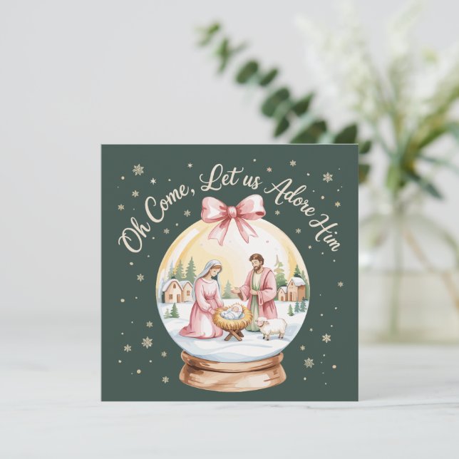 Kom låt oss tillbe honom Jesus Xmas Rosa Coquette  Julkort (Stående Fram)