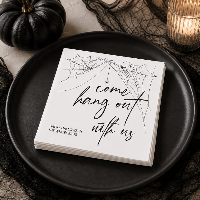 Kom och Häng Med Oss Spindelnätsfest Pappersservett (Welcome your favorite ghosts and ghouls with this playful “Come Hang With Us” Halloween design. )