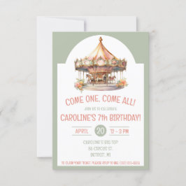 Kom One, Kom alla! Circus Carousel Födelsedagsfest Inbjudningar