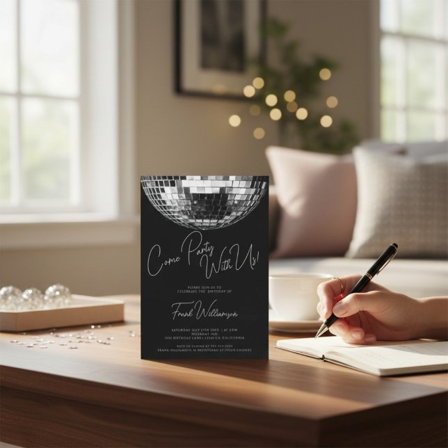 Kom party svarta, modern diskco boll födelsedag inbjudningar (Skapare uppladdad)