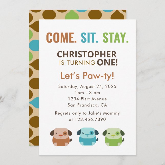 KOM SIT STAY Hund Puppies Födelsedagsfest Inbjudningar (Fram/baksida)