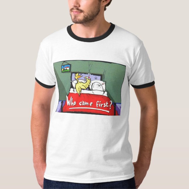 Kom vem först? t-shirt (Framsida)