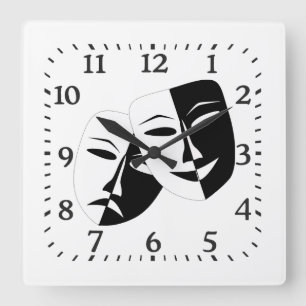 Komedy Tragedy Black and White Theater Mask Fyrkantig Klocka
