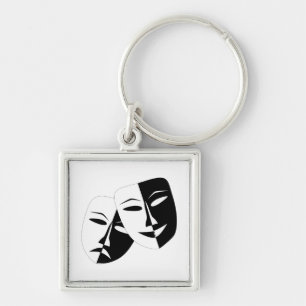 Komedy Tragedy Black and White Theater Mask Fyrkantig Silverfärgad Nyckelring
