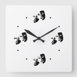 Komedy Tragedy Black and White Theater Mask Square Fyrkantig Klocka
