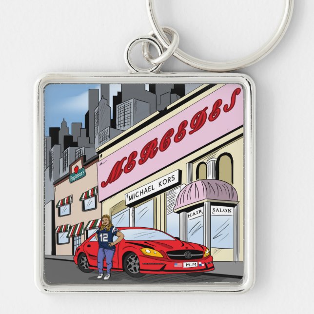 Komisk design för kommission fyrkantig silverfärgad nyckelring (Framsidan)