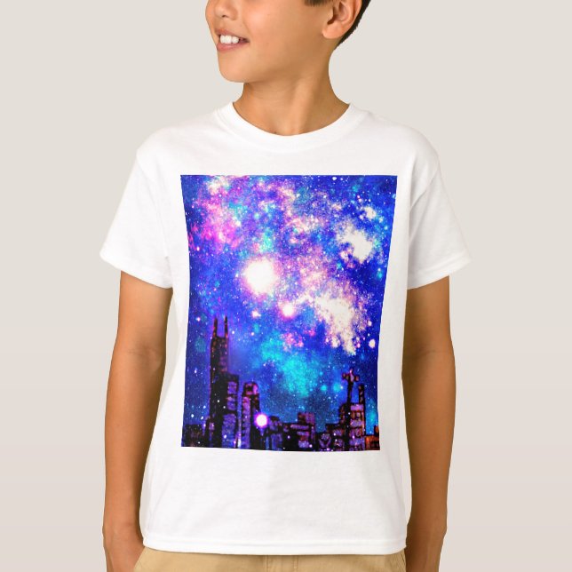 Komisk stilstadshorisont & Milky långt natthimmel T Shirt (Framsida)