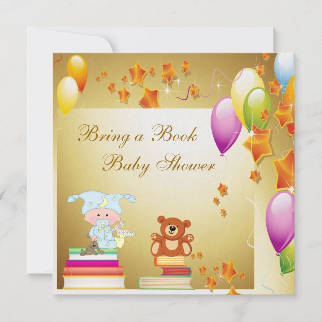 Komma med en bok den eleganta pojkeguldbaby shower inbjudningar (Framsida)