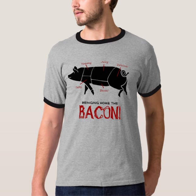 Komma med hem BACONEN!  Den roliga grisslaktare Tee Shirt (Framsida)