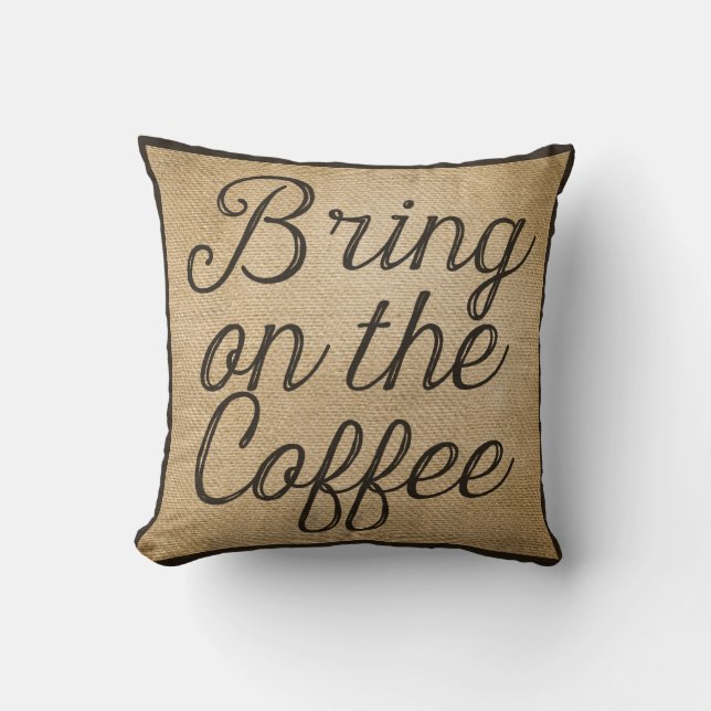 Komma med på kaffeburlapen kudde (Framsida)