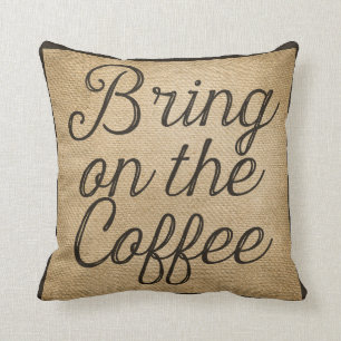 Komma med på kaffeburlapen kudde