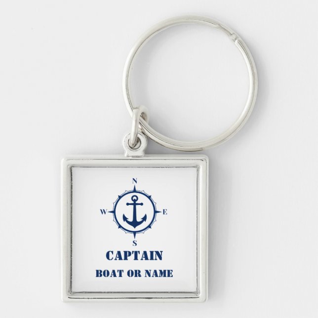 Kommendör eller sjöman Namn Nautical Compass Ancho Fyrkantig Silverfärgad Nyckelring (Framsidan)