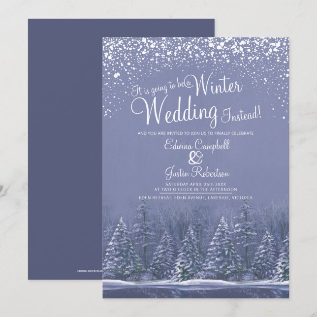 Kommer att bli en vinterbröllop snö sjö blå inbjudningar (Fram/baksida)