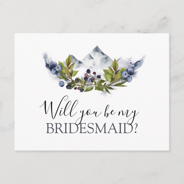 Kommer du att bli Bridesmaid Rustic Mountains Wate Meddelande Vykort (Framsida)