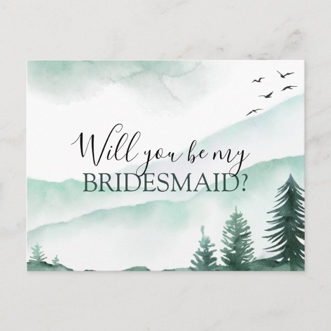 Kommer du att bli Bridesmaid Rustic Mountains Wate Meddelande Vykort (Framsida)