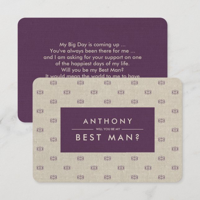 Kommer du att bli min bästa man? Plum Beige Mönste Inbjudningar (Fram/baksida)