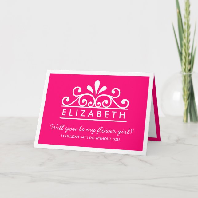 Kommer du att bli min blomma flicka? Rosa Tiara-ko Inbjudan (Framsida)