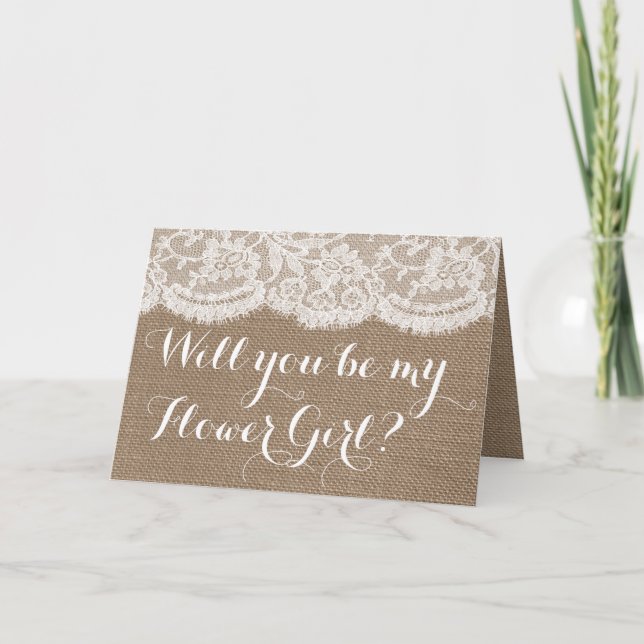 Kommer du att bli min blomma flicka? Rustic Burlap Inbjudan (Framsida)