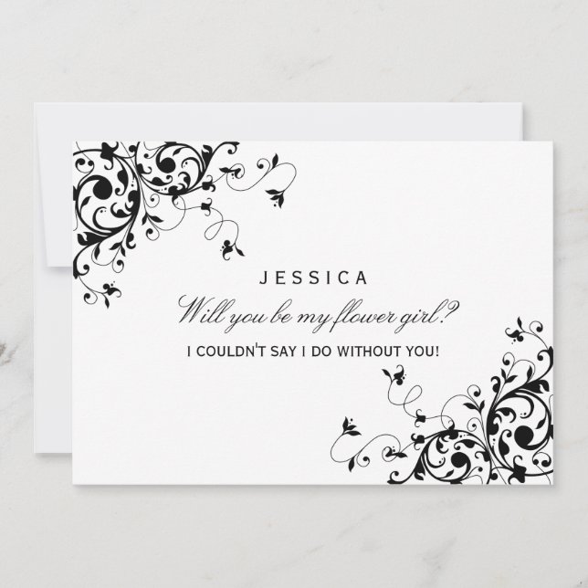 Kommer du att bli min blomma flicka? Svartvit snur Inbjudningar (Framsida)