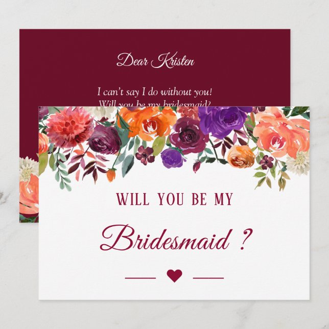 Kommer du att bli min Blommigt i Bridesmaid Burgun Inbjudningar (Fram/baksida)