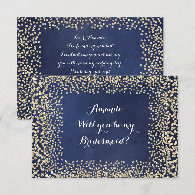 Kommer du att bli min bridesaid Blue NavyGold Conf Inbjudningar (Fram/baksida)