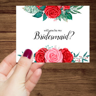 Kommer du att bli min bridesaid Röd ros Watercolor Inbjudningar