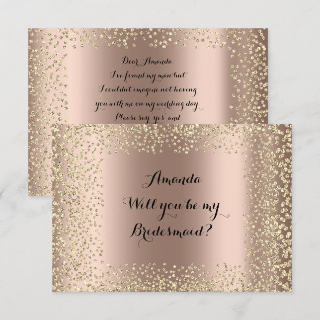 Kommer du att bli min bridesaid Rosa ros Guld Conf Inbjudningar (Fram/baksida)