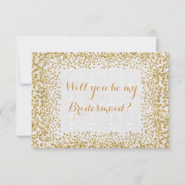 Kommer du att bli min bridesaid White Guld Confett Inbjudningar (Framsida)