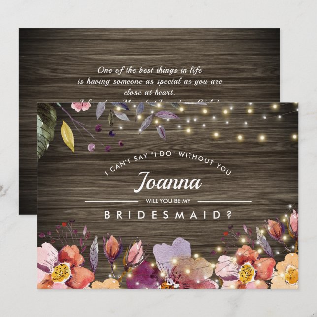 Kommer du att bli min Bridesmaid? Barn Wood Blommi Inbjudningar (Fram/baksida)