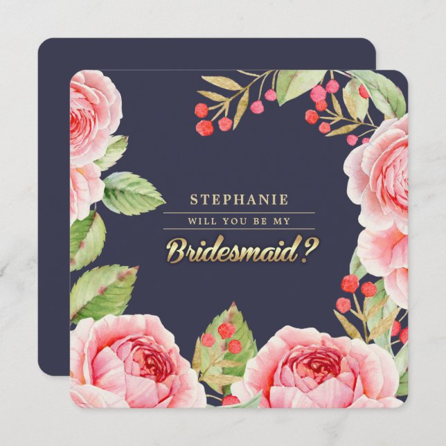 Kommer du att bli min Bridesmaid? Blå Blommigt i f Inbjudningar (Fram/baksida)