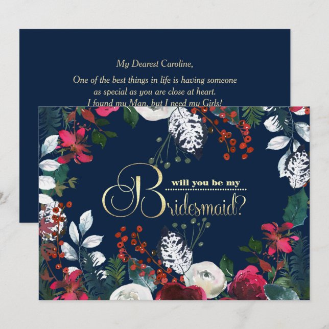 Kommer du att bli min Bridesmaid? Blåburgundy Inbjudningar (Fram/baksida)