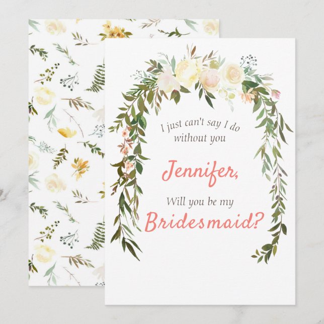 Kommer du att bli min Bridesmaid Blommigt Ivory Co Inbjudningar (Fram/baksida)