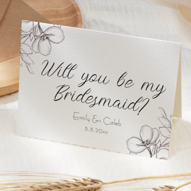 Kommer du att bli min Bridesmaid? Blommigt Line Ar Kort (will you be my bridesmaid bridesmaid proposal card black and white flowers drawn script cursive )