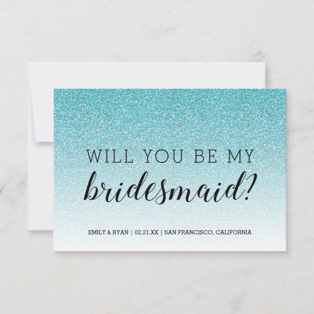 Kommer du att bli min bridesmaid Blue Glitter Ombr Inbjudningar (Framsida)