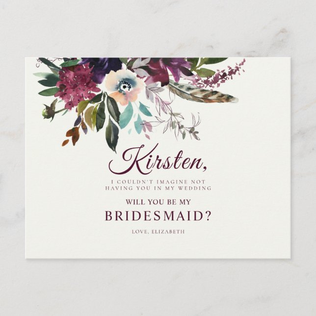 Kommer du att bli min Bridesmaid Burgundy Blommigt Vykort (Framsida)