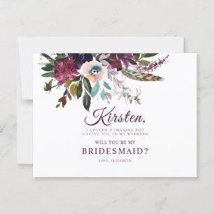 Kommer du att bli min Bridesmaid Burgundy-Blommigt Vykort
