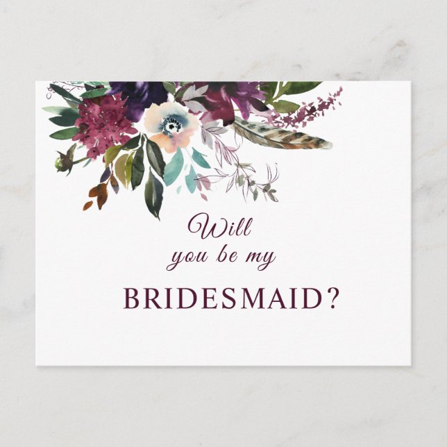 Kommer du att bli min Bridesmaid Burgundy-Blommigt Vykort (Framsida)