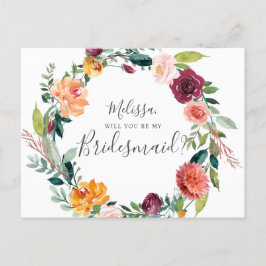 Kommer du att bli min bridesmaid Burgundy Flowers? Inbjudan Vykort