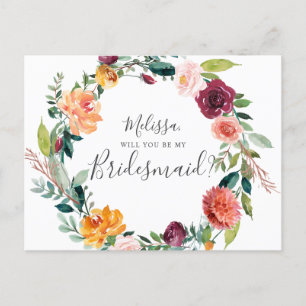 Kommer du att bli min bridesmaid Burgundy Flowers? Inbjudan Vykort