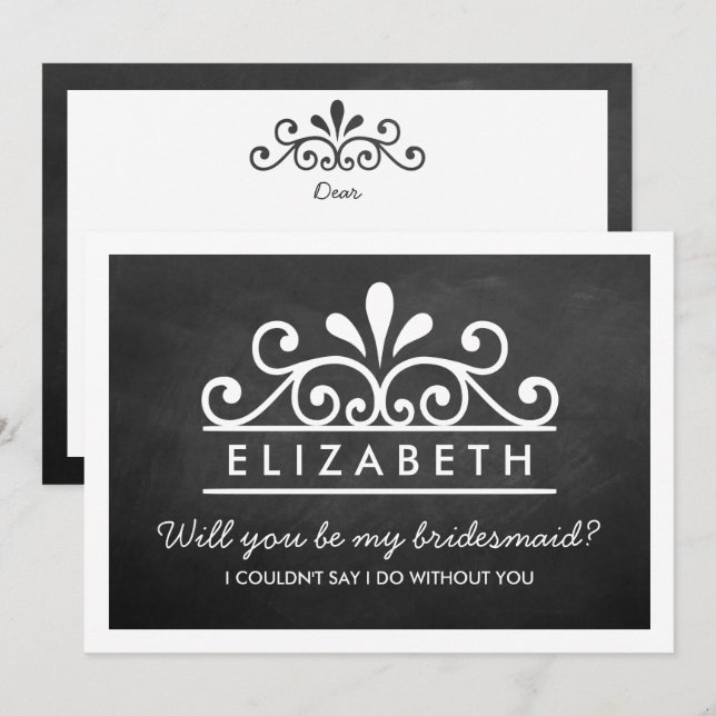 Kommer du att bli min Bridesmaid? Chalkboard Tiara Inbjudningar (Fram/baksida)