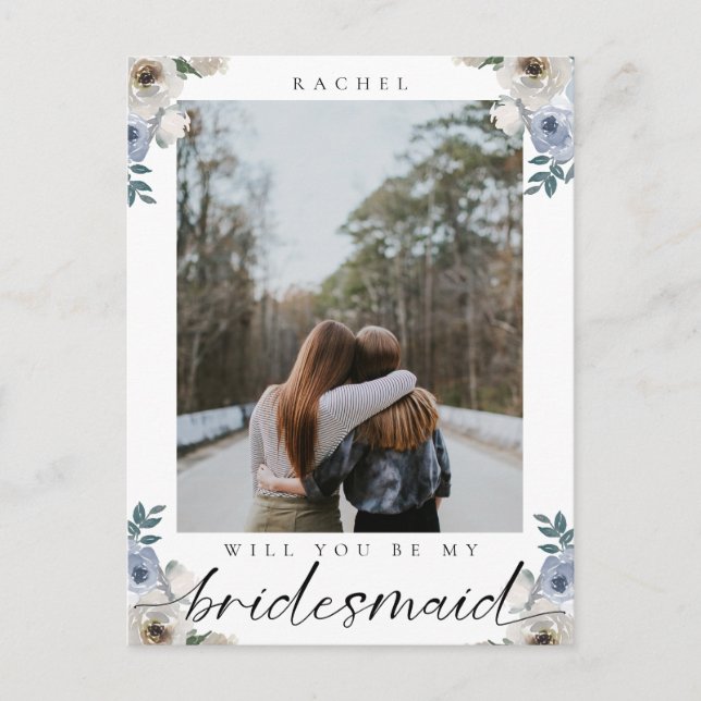Kommer du att bli min Bridesmaid Dusty Blue Ro Pho Vykort (Framsida)