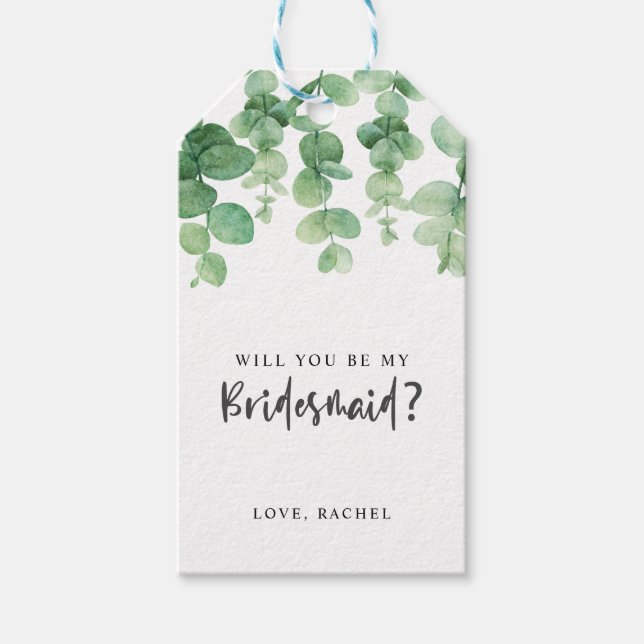 Kommer du att bli min Bridesmaid Eucalyptus Bröllo Presentetikett (Framsidan)